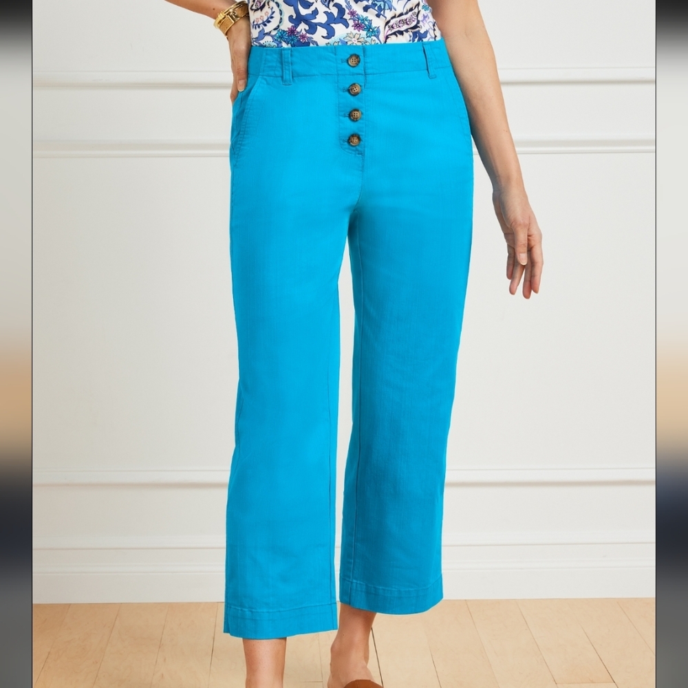 Talbots  12P Petite Stovepipe Cropped Pants Blue Cotton Blend Button Fly Flare